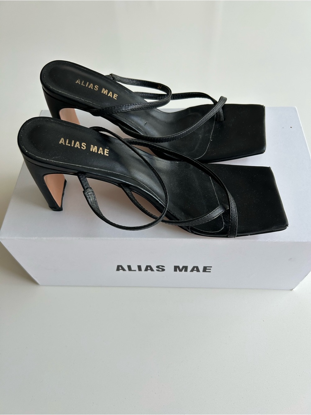 Alias Mae Black Minimalist Strappy Square-Toe Heels